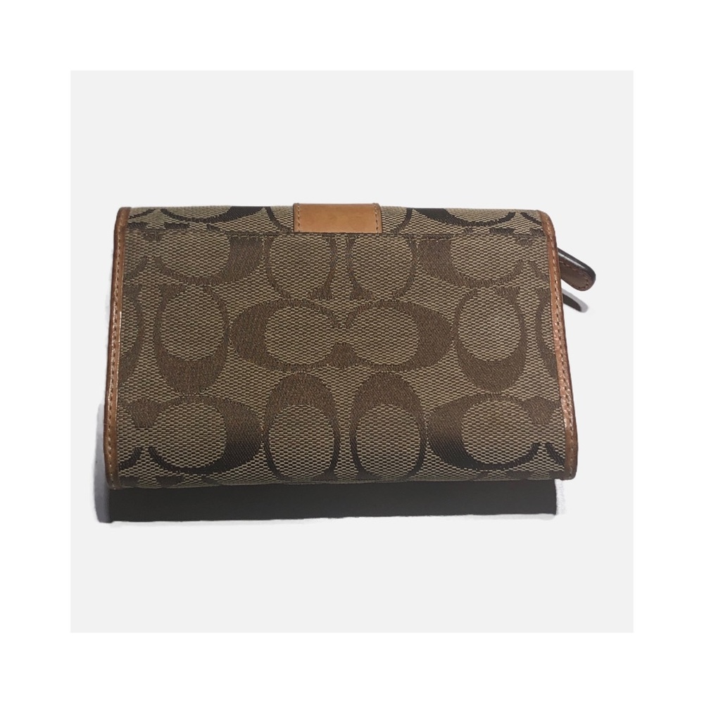 COACH Wallet Brown Canvas Signature Pattern w/ Tan Leather Bifold Medium Compact - Picture 2 of 15